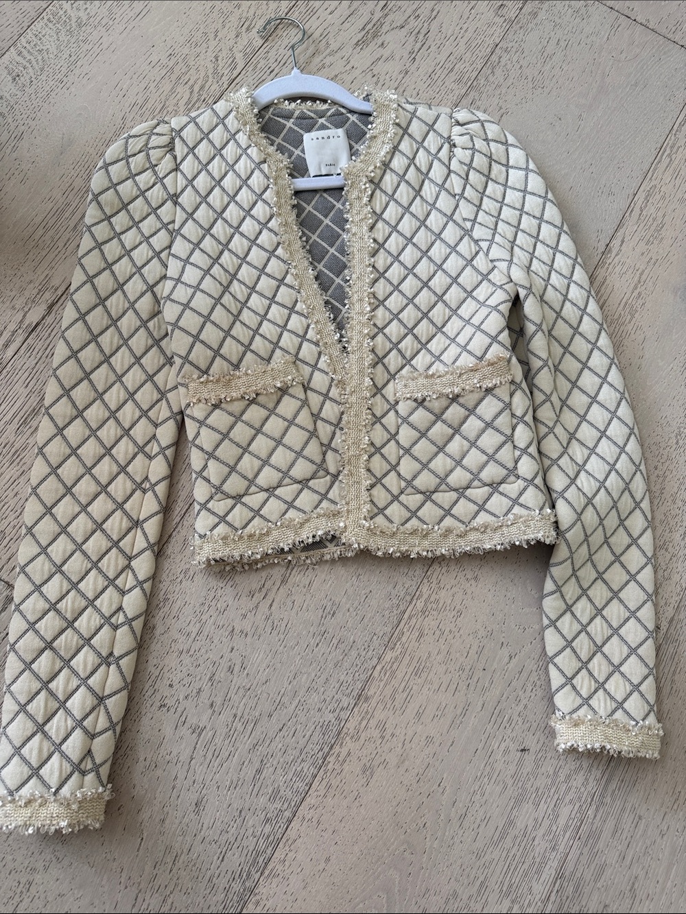 Sandro Cream Quilted Fringe-Trim Blazer